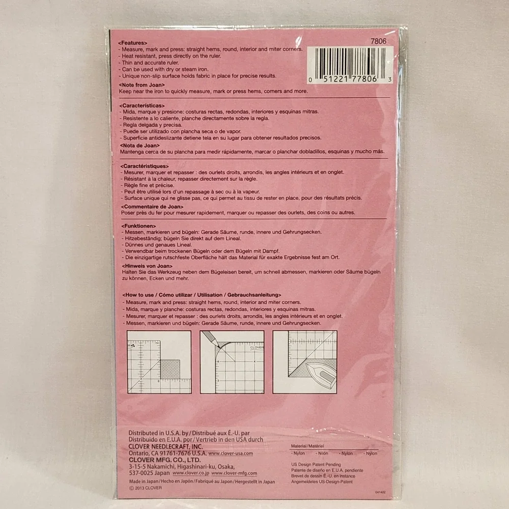 Clover 7806 Press Perfect Hot Hemmer Joan Hawley Heat Resistant Sewing Ruler NEW